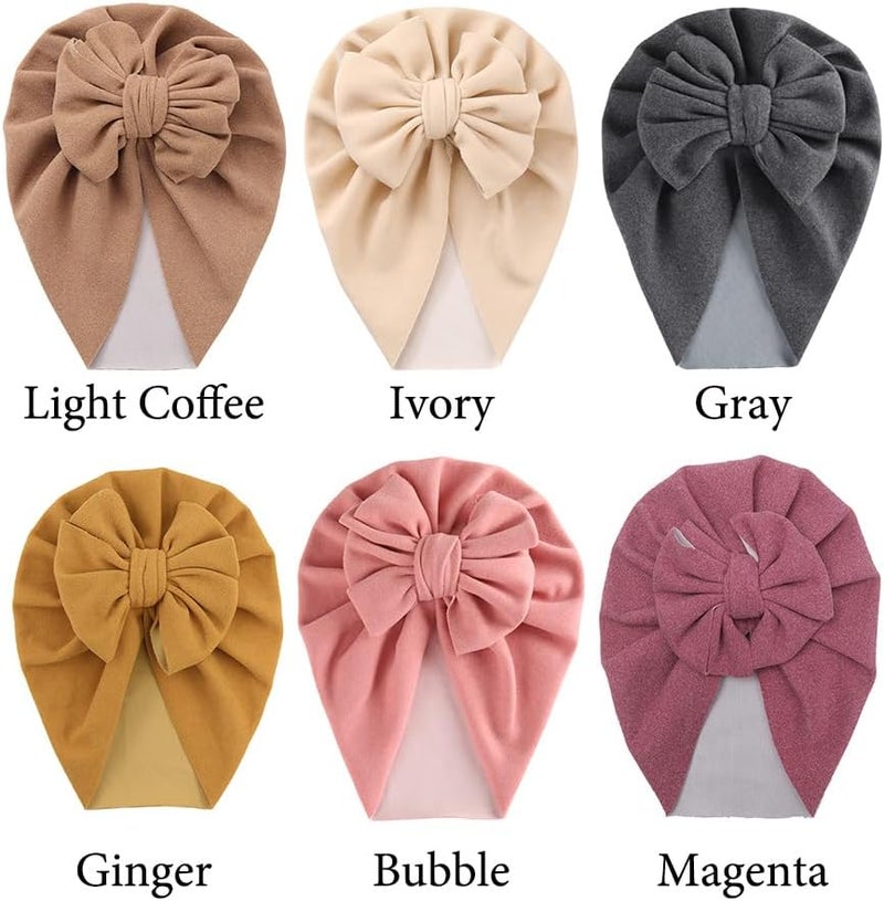 Esumun Baby Girls Hair Bow Turban Hat 6PCS Set, Top Bowknot Head Wrap Beanie India Caps for Infant Toddlers - Image 3